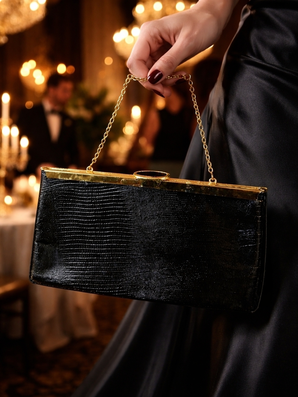 Black‎ vintage Etra Black Leather  Faux Croc evening handbag